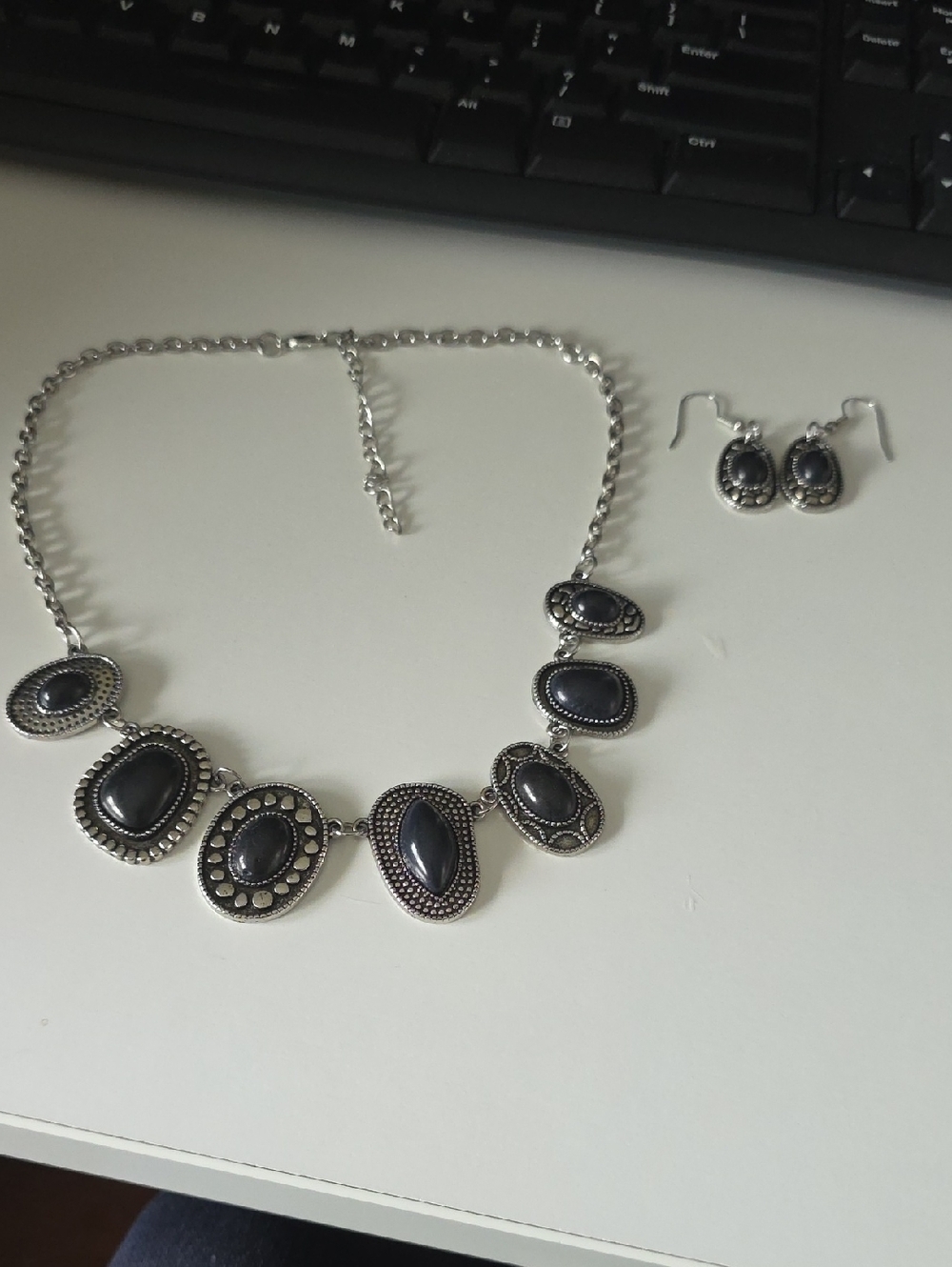 Silver-Tone Black Stone Statement Necklace & Earring Set